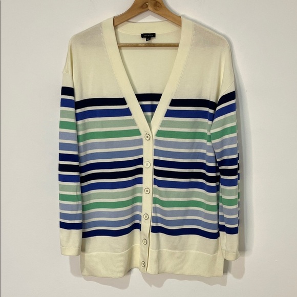 Talbots Womens Sweater Cardigan Size M Cream & Blue Stripes Academia Preppy Boxy - Picture 2 of 14